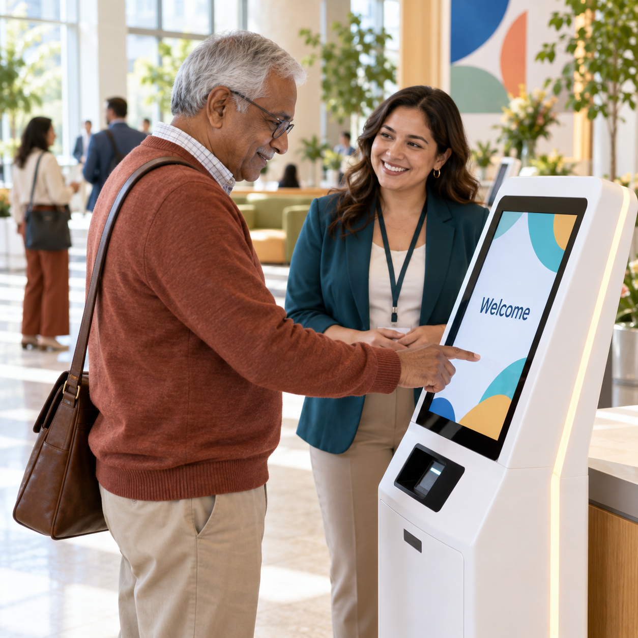 Attendee checking in at a kiosk with help from a staff member