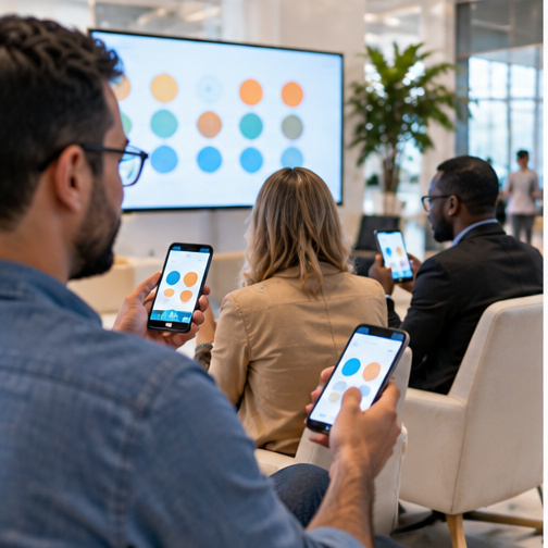 Attendees responding to a live poll on their phones