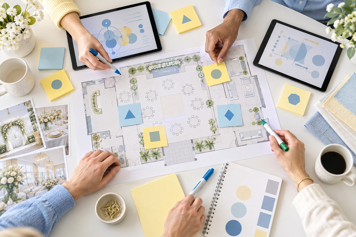 Planning session with a floor plan and whiteboard